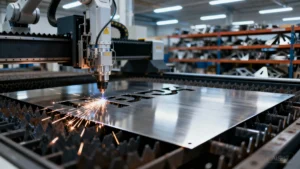 A modern industrial workshop with a large sheet of brushed stainless steel grade 304 lying on a CNC cutting table
