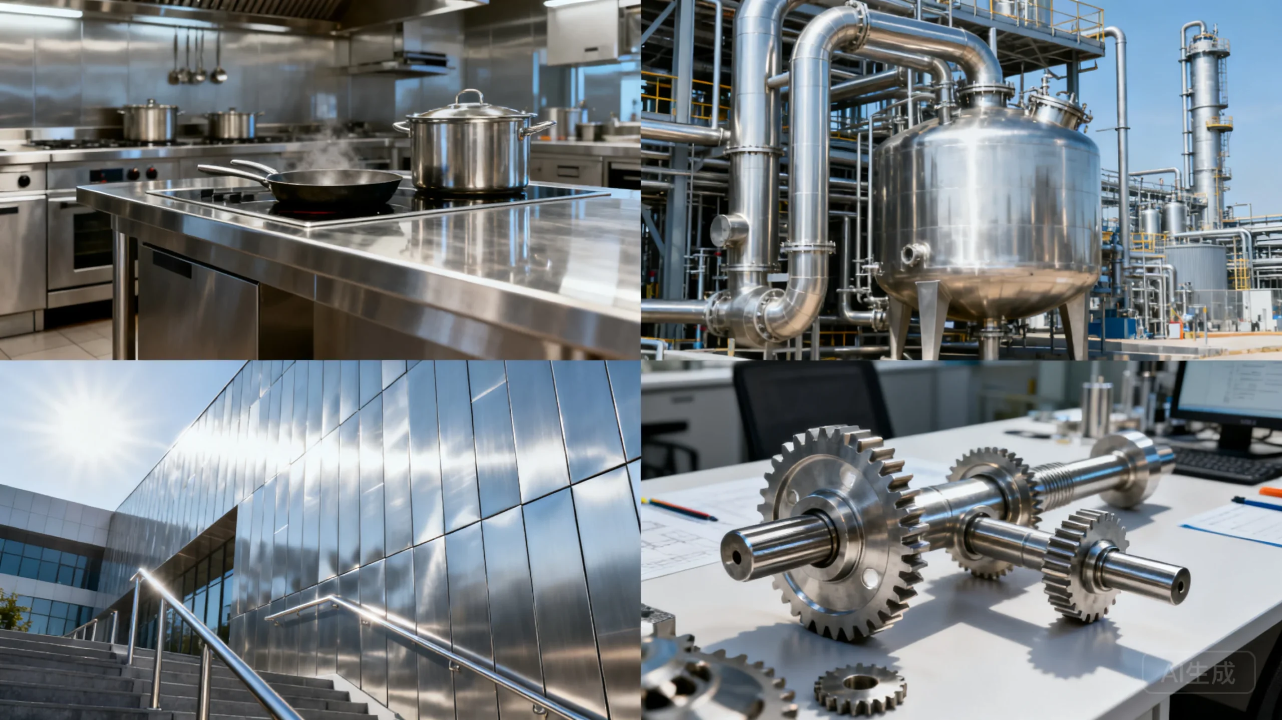 A clean split-screen collage of four miniature realistic scenes representing applications of 304 stainless steel