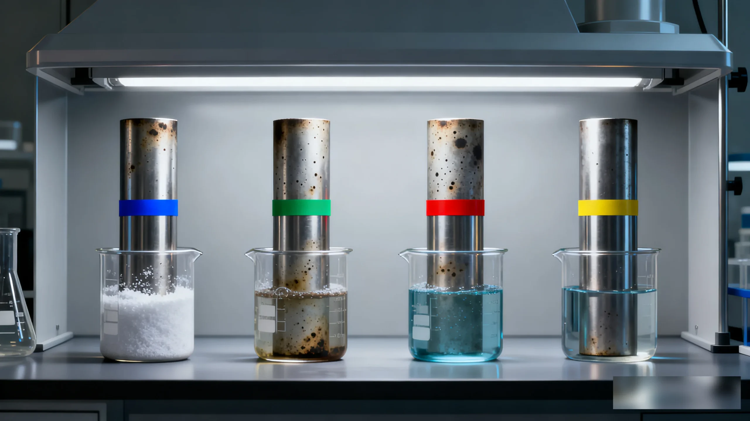 Four cylindrical stainless steel test specimens labeled only by color-coded bands (blue for edelstahl 304