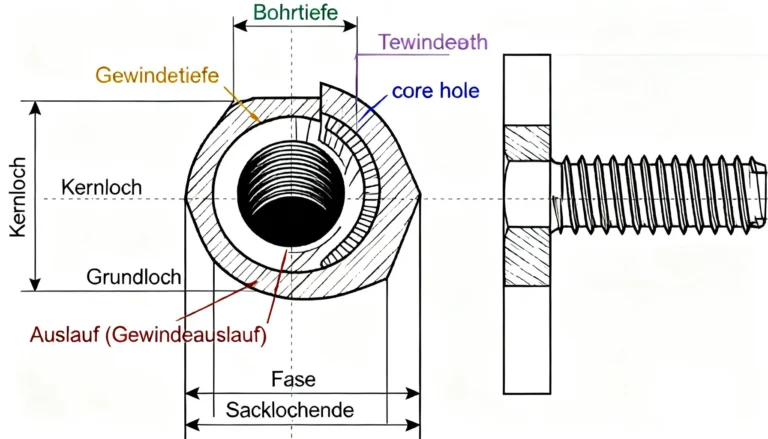 Eine technische Illustration, die den Querschnitt eines Sacklochs mit Gewinde zeigt