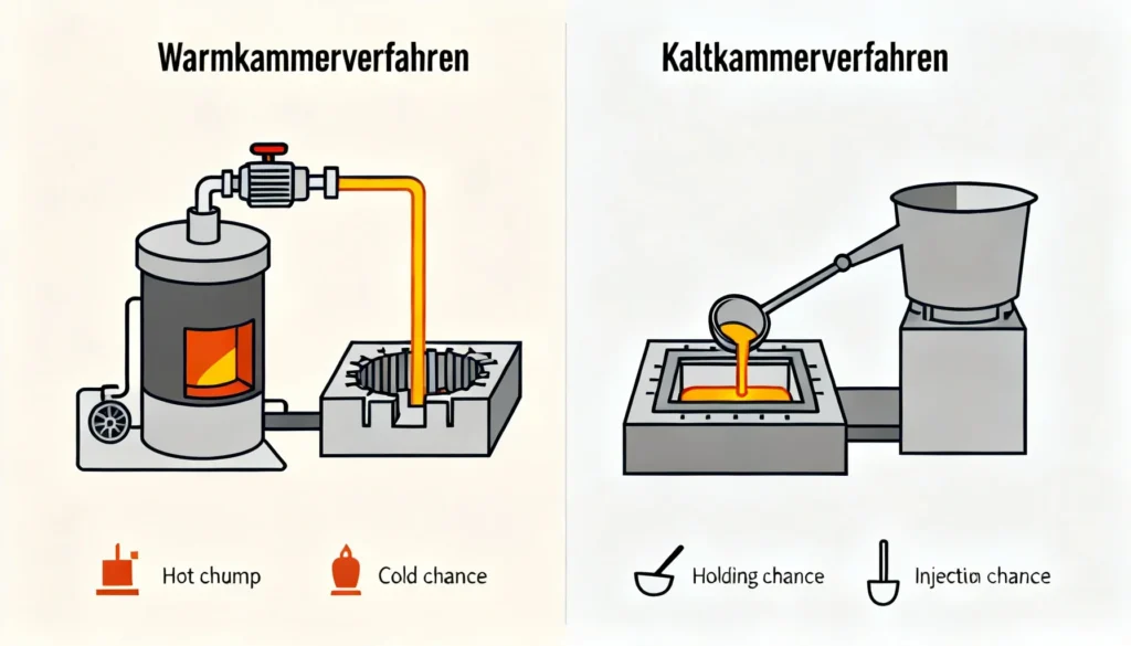 A schematic diagram comparing the hot chamber and cold chamber magnesium die casting processes