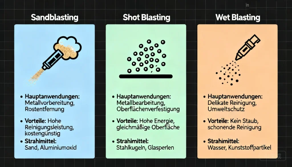 Eine Vergleichsgrafik der drei Strahlverfahren Sandstrahlen
