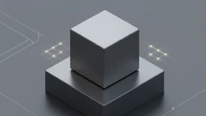 Isometrischer 3D-Render eines massiven Wolframwürfels auf einer minimalistischen dunklen Plattform