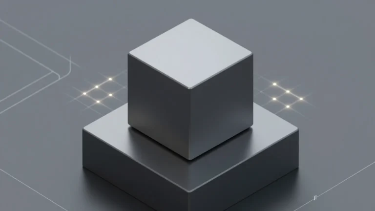 Isometrischer 3D-Render eines massiven Wolframwürfels auf einer minimalistischen dunklen Plattform