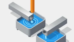 Ein isometrisches Bild: Ein Stahlbauteil wird in ein blaues Chemiebad getaucht for vorbehandlung pulverbeschichten